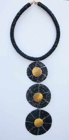 Maasai Long three-tiered necklace with metal/bead pendants