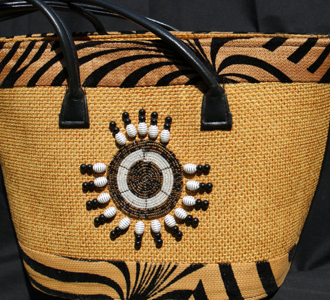 Maasai Tote Handbag with leather handle - Camel