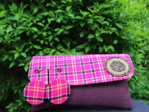 Clutch Purse with Bead detail and Matching Earrings (Berry)