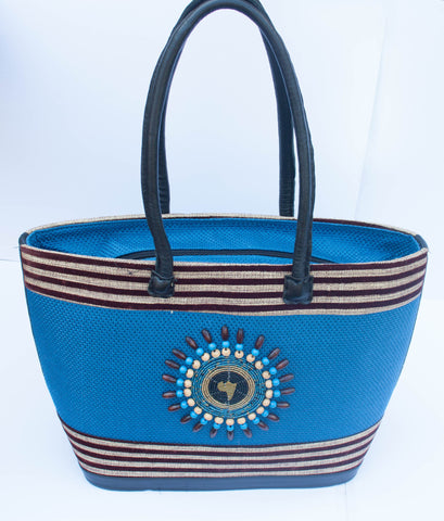 Maasai Tote Handbag with leather handle - Red, Blue