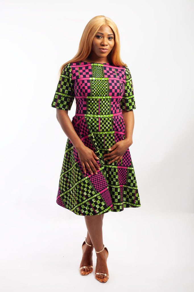 Midi Flared Ankara Dress embellished with rhinestone.