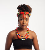 Beaded Zulu Head-piece, two necklaces and Earring set - Red
