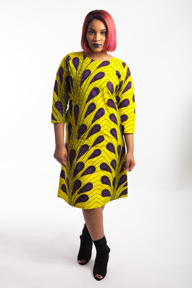 Jewelled Ankara Dress with pockets  - Yellow and Purple