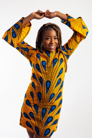 Mini Ankara Dress with bell sleeves embellished with Rhinestones