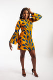Mini Ankara Dress with bell sleeves embellished with Rhinestones