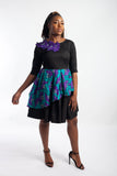 Black / Ankara (Blue and Purple) layered bell dress embellished with Rhinestones