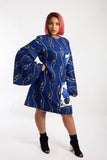 Blue mini dress with exaggerated extra long bell sleeves