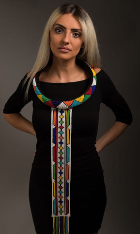 Isigolwani (neck ring) with beaded tie necklace (Torso/ Thigh length) - Multicoloured