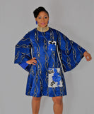 Blue mini dress with exaggerated extra long bell sleeves