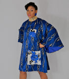 Blue mini dress with exaggerated extra long bell sleeves